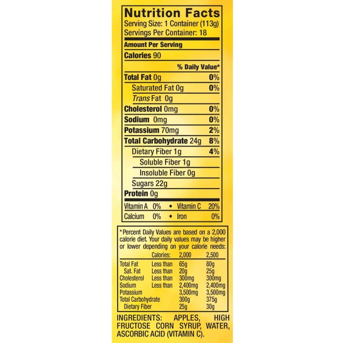 Applesauce nutrition facts label